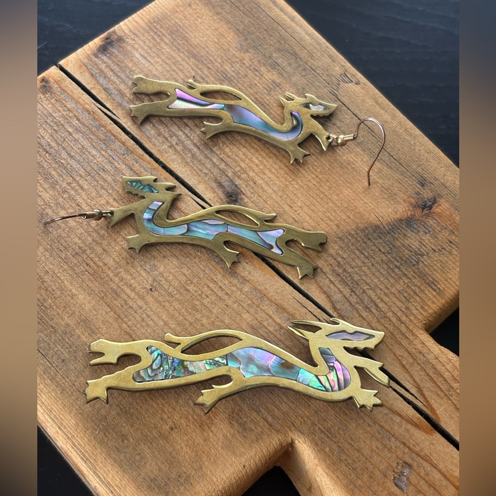 Dragon abalone brass Earring and brooch set
